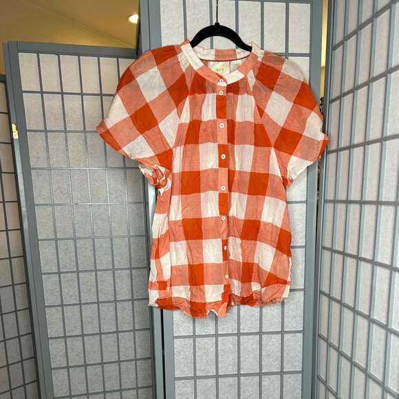 Anthropologie Tops - Anthropologie Maeve Orange and White Checkered Button-Up Blouse